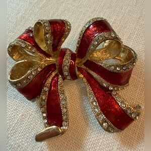 Vintage Red and Gold Rhinestone Bow Brooch